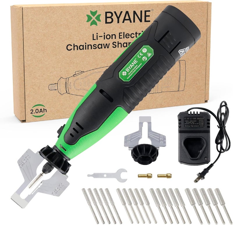 Byane Electric Cordless Diamond Chainsaw Sharpener Kit, 12V Portable Chain Saw Sharpener Tool, 2000mAh Battery Mini Grinder with 20Pcs Diamond Chainsaw Sharpening Bits for Carbide Tipped Chain - Image 1